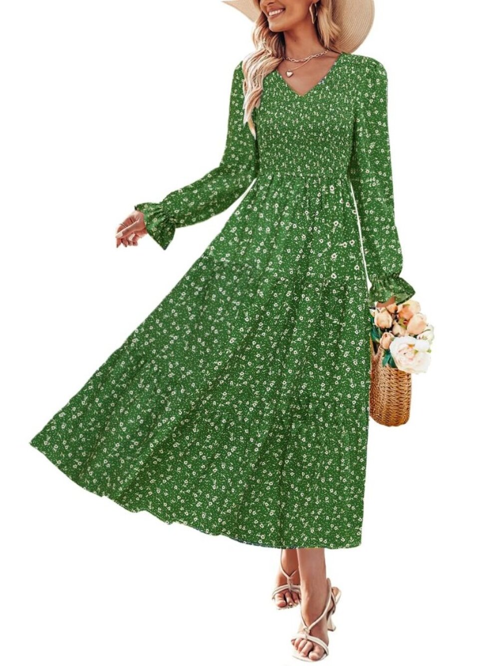 Womens Fall Floral A Line Long Sleeve Maxi Dresses